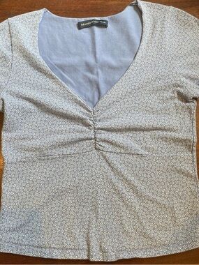 Brandy Melville Light Blue Ditsy Ruched V-Neck Short Sleeve Top
